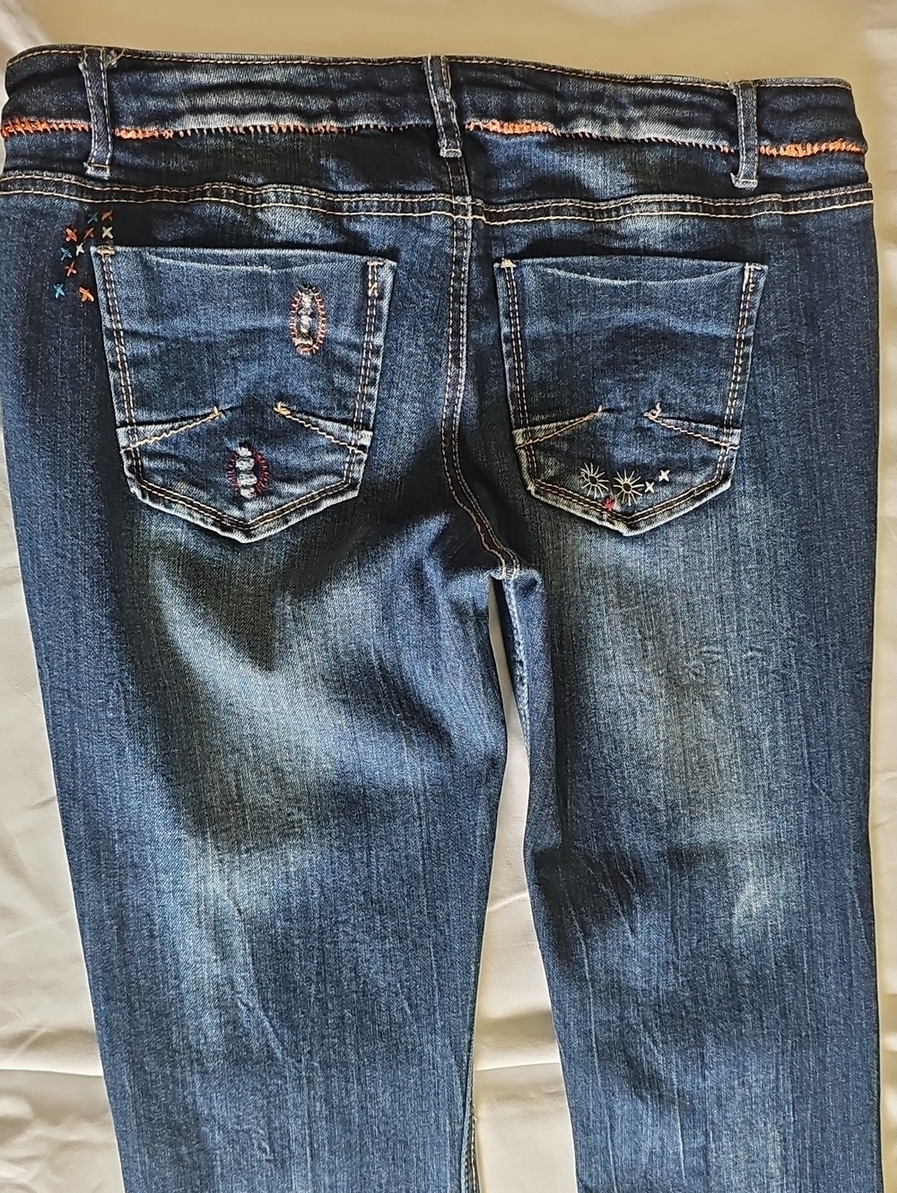 Vanilla Star 2-tone Blue Distressed Flare Jeans with Embroidered Accents